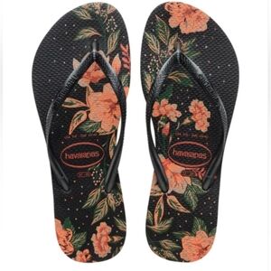 Havaianas Women's Black Flip Flops with Coral Floral Print 11/12